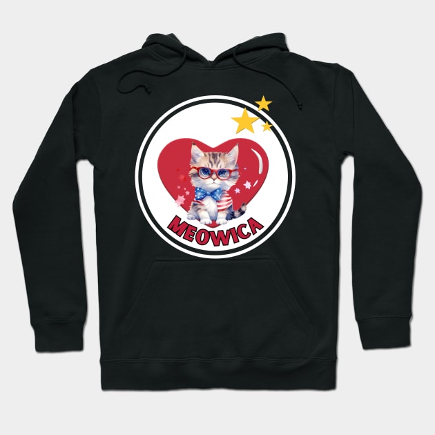 A meowica cute kitty cat with glasses on 4th of July with heart Hoodie by Shean Fritts 